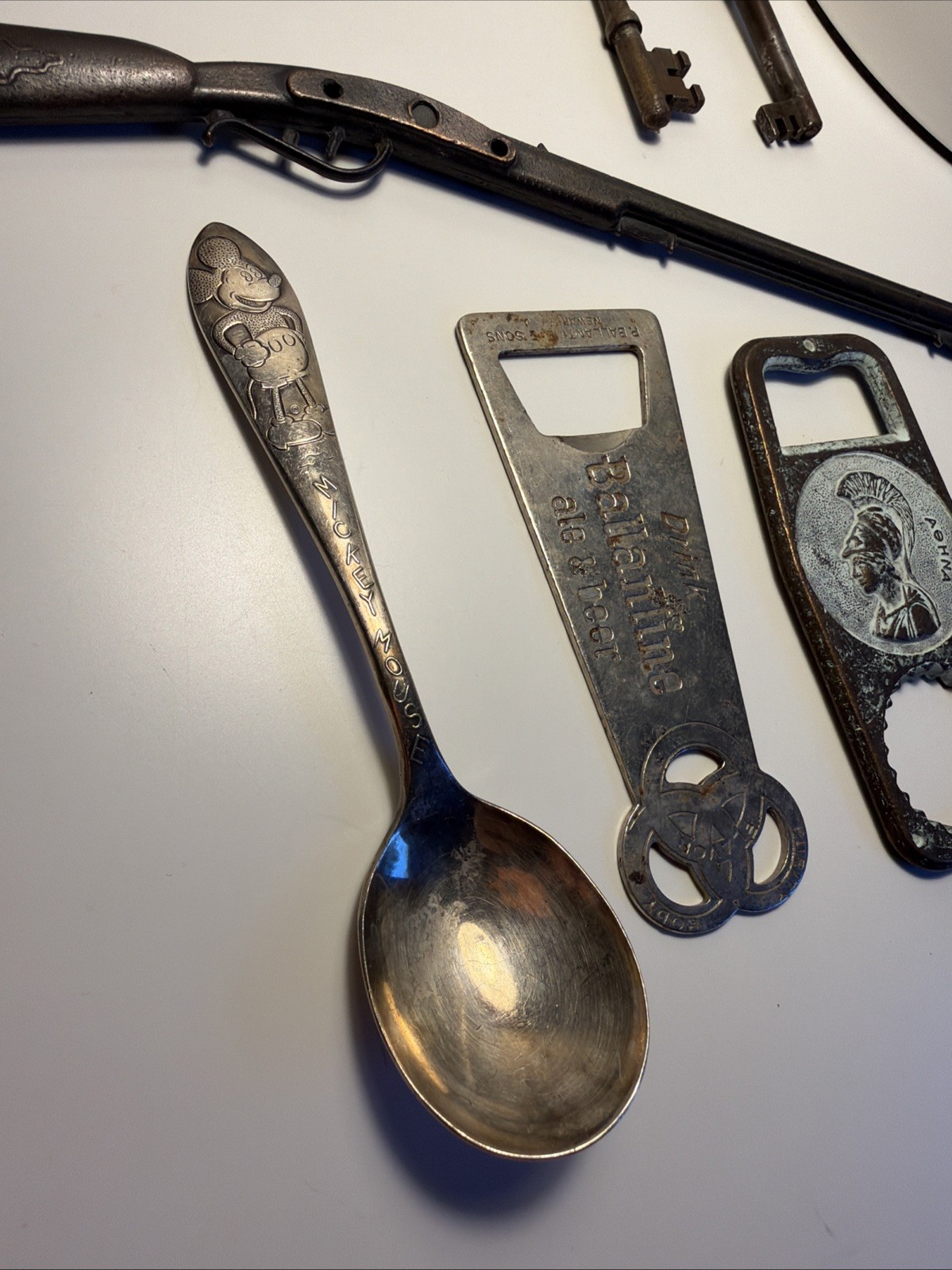 Vintage Metal Junk Drawer Lot Mickey Spoon Gun Skeleton Key 50 Brass Weight Bow