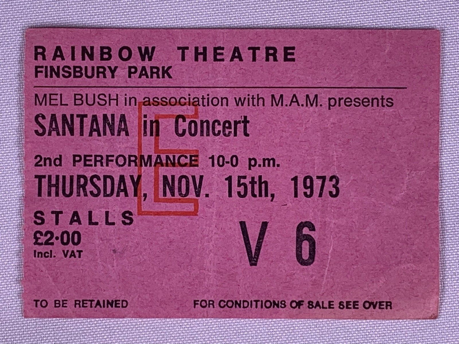 Santana Ticket Original Vintage The Rainbow Theatre London November 1973 #1