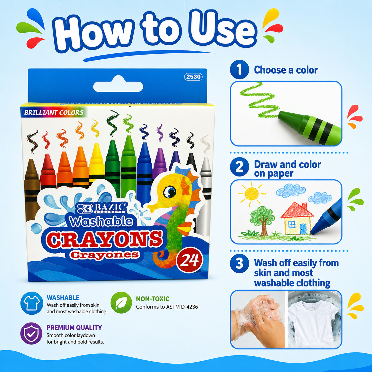 [Pack of 2] Bazic Washable Crayons 24 Count Brilliant Assorted Colors Non-Toxic