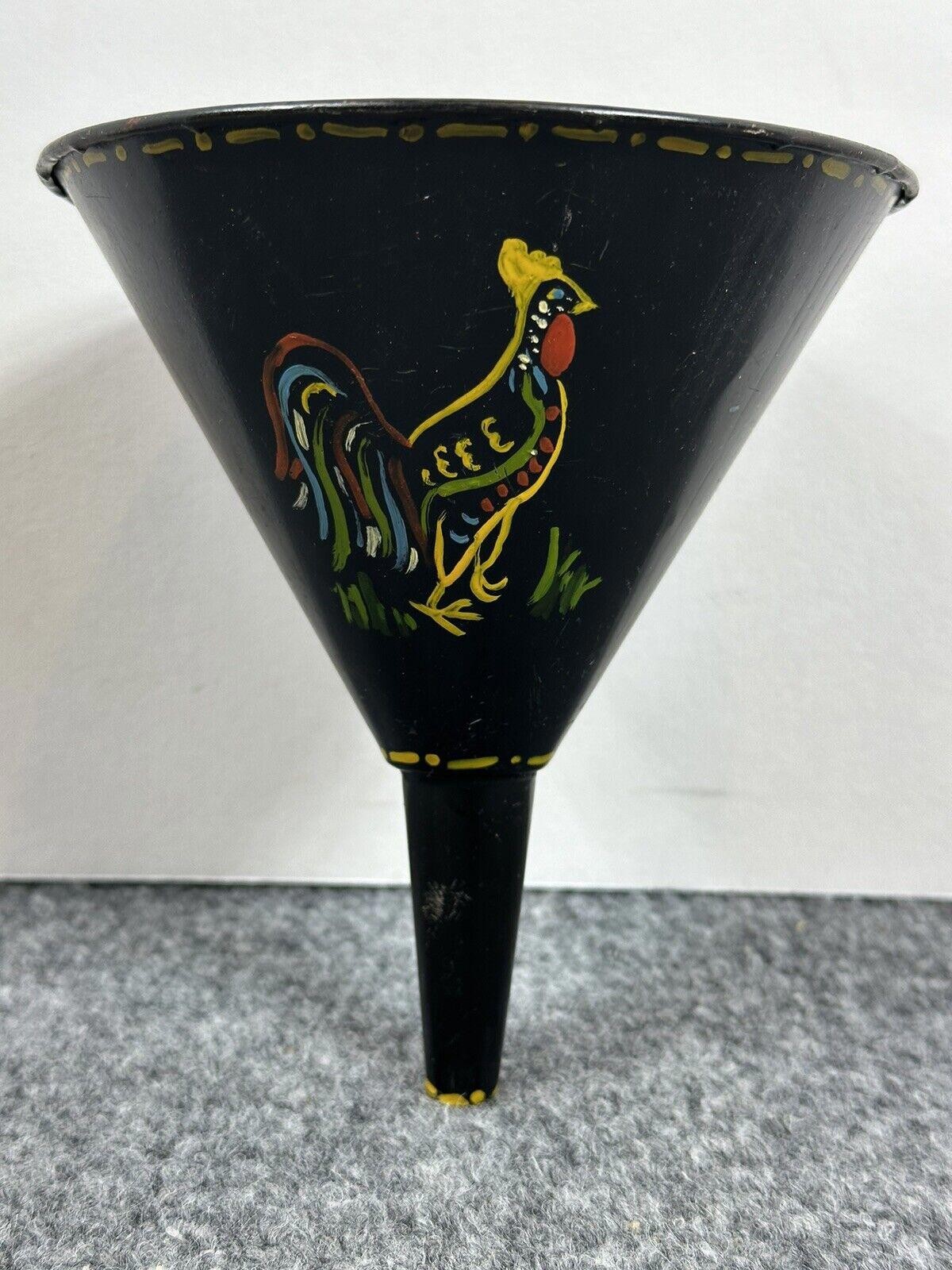 Vintage Tole Style Hand Painted Black Metal Funnel Roster Chicken Rooster