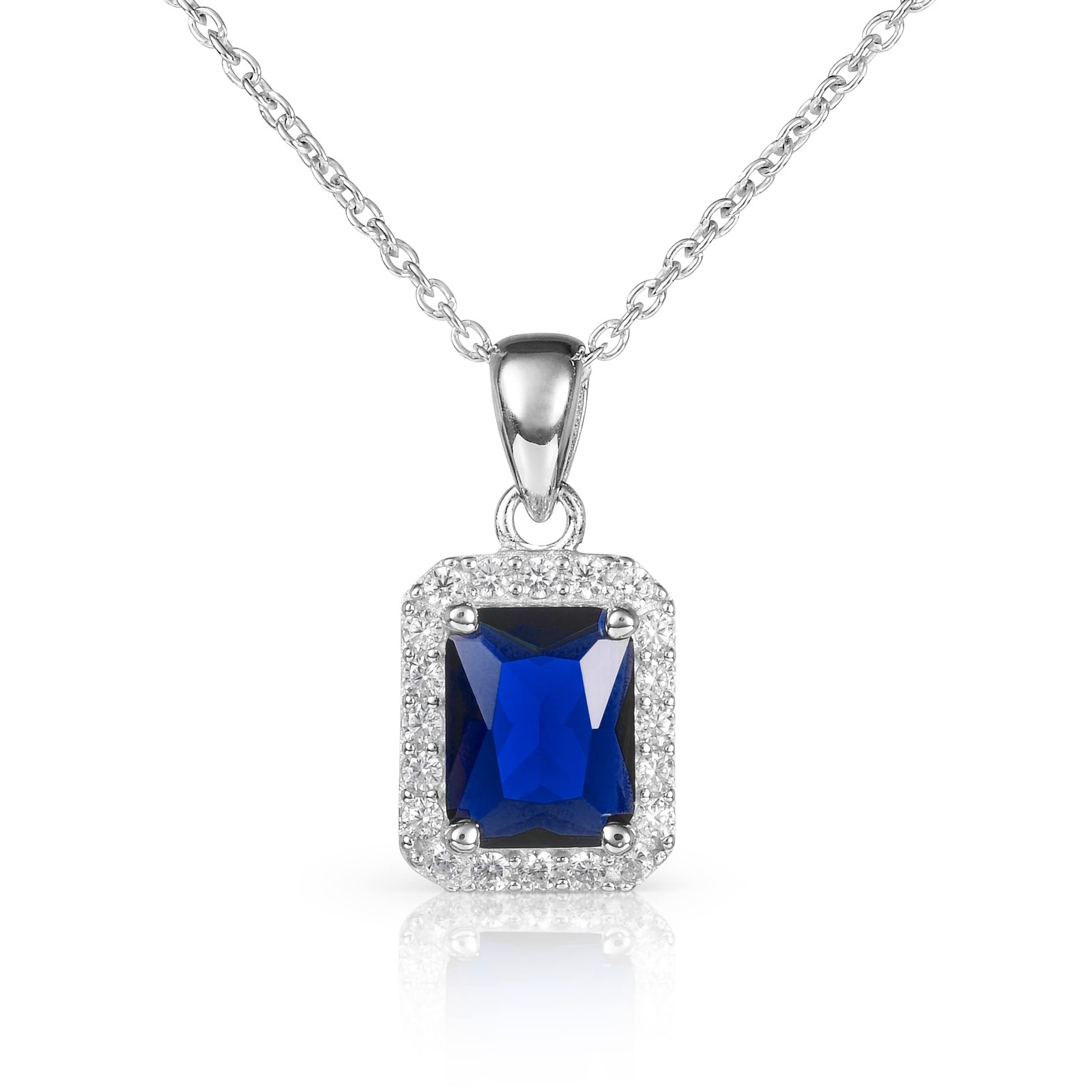 Diamond Treats 925 Silver Sapphire Blue Necklace with Emerald-Cut CZ Pendant