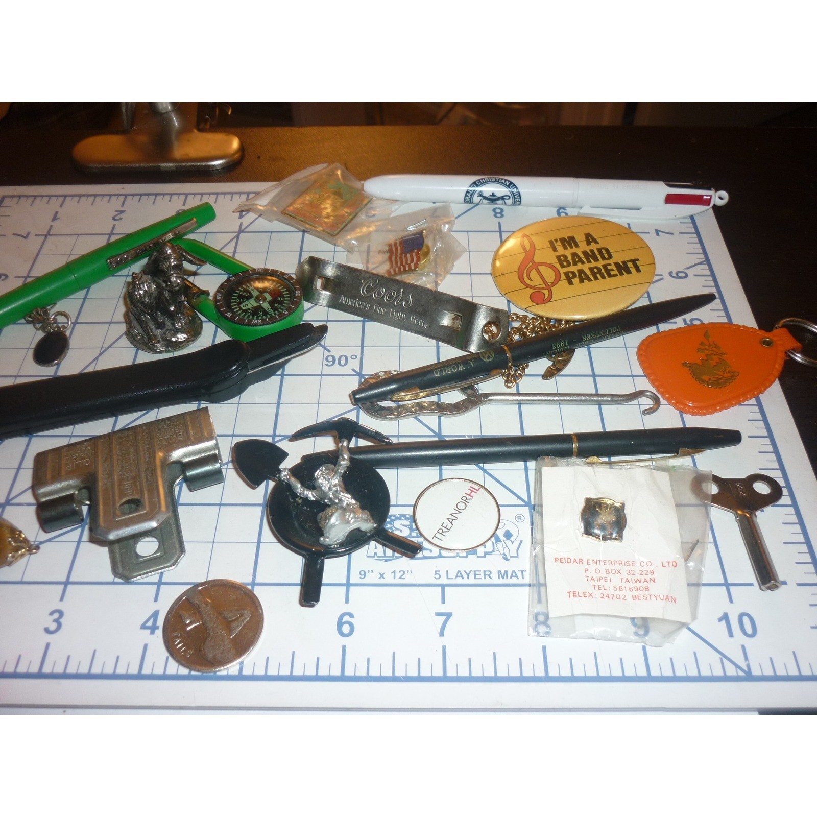 Vintage Estate Junk Drawer Lot Advertising Pens Pins Coors Key Novelty Coin