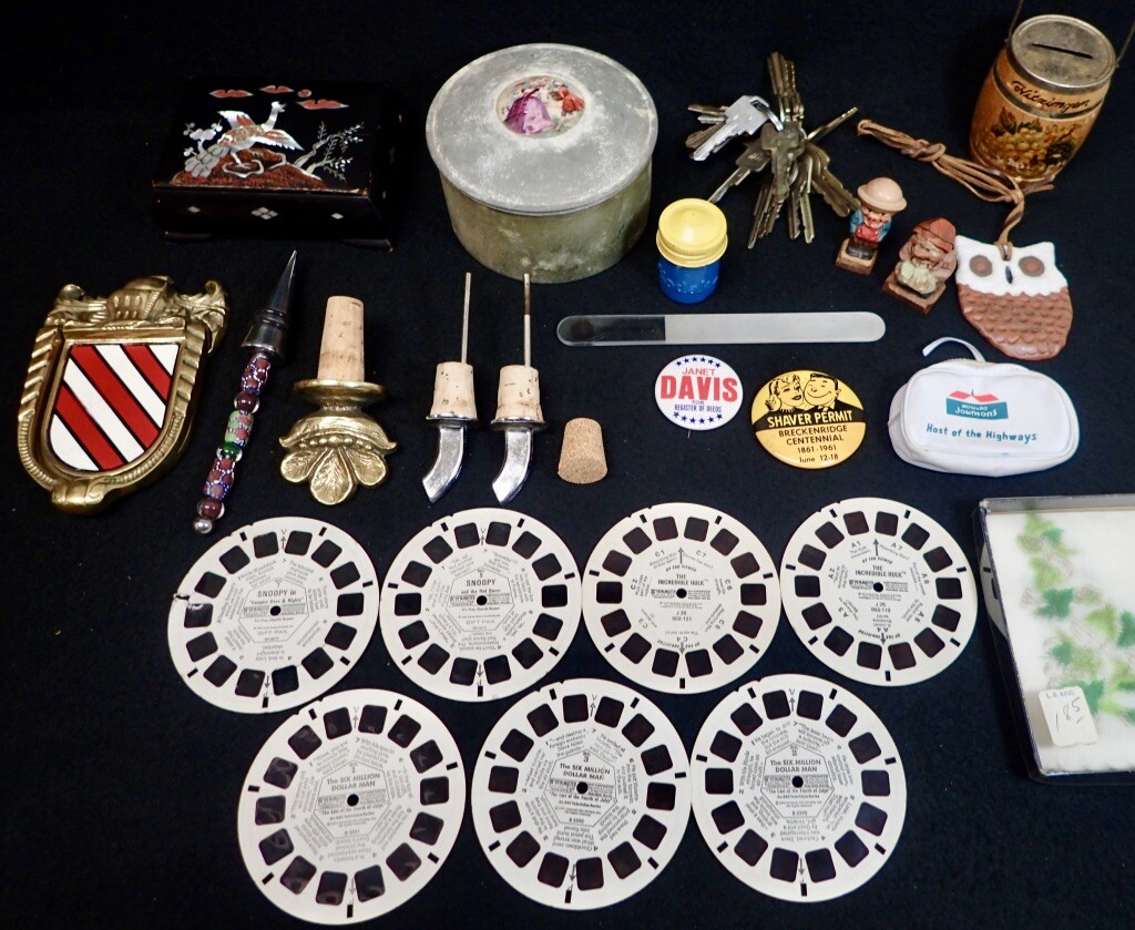 large lot of vintage collectibles Door Knocker Carved Figurines Buttons Keys