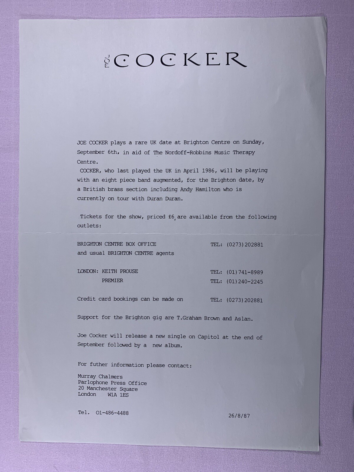 Joe Cocker Press Release Parlophone Records Nordoff-Robins Music Therapy 1987