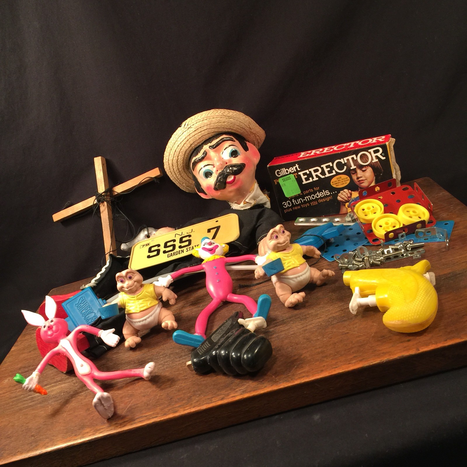 Vtg Toy Junk Drawer Lot Squirt Gun s Puppet Bendy s Erector Set PRIORITY MAIL