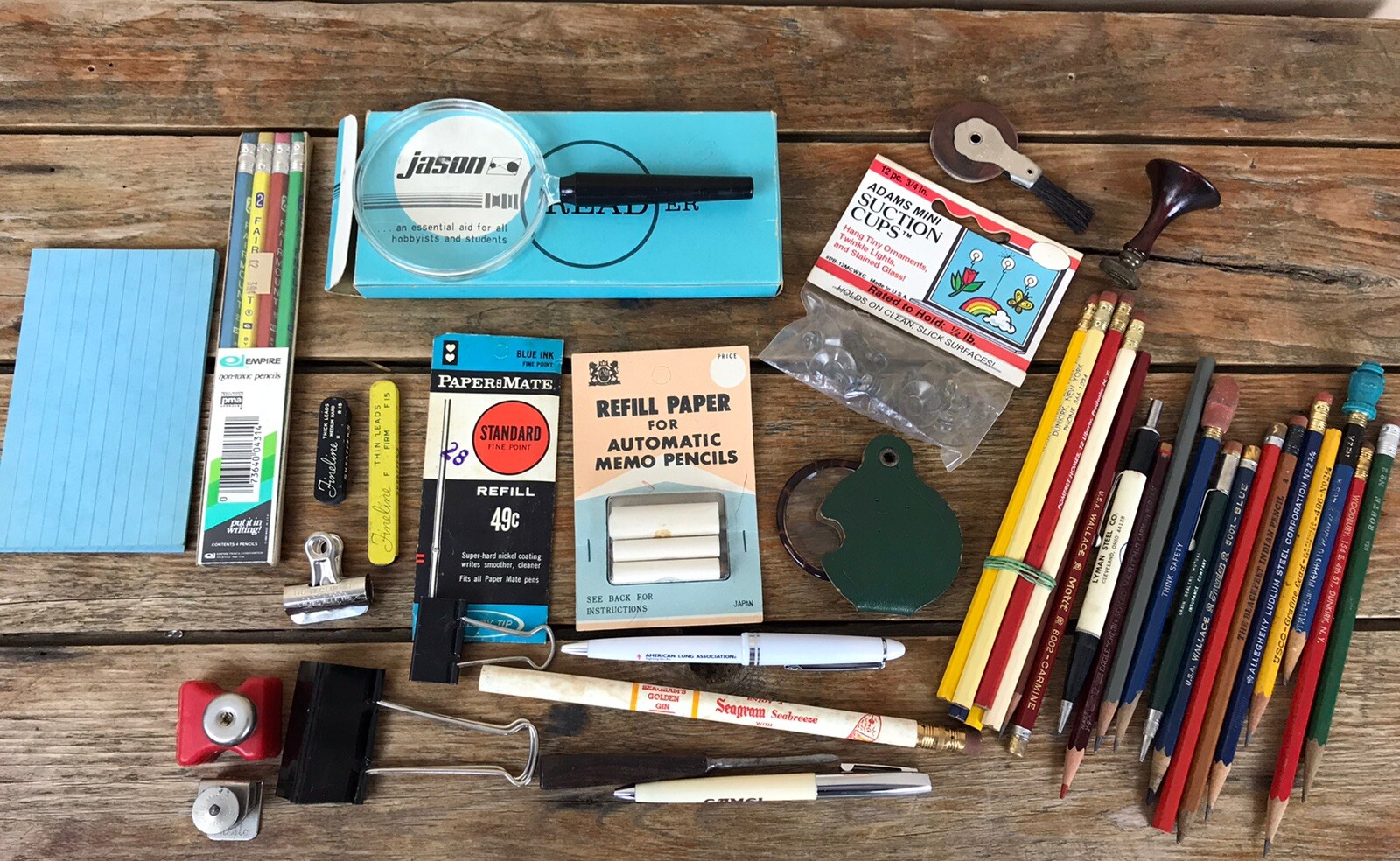 Vtg Junk Desk Drawer Lot Advertising Smalls Pencils Office Seagrams Magnifying