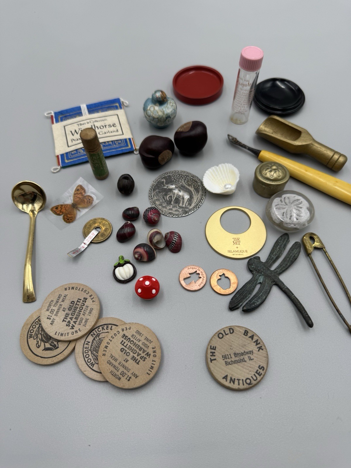 Junk Drawer Trinket Lot 30 Items Vintage To Modern Curio Items Tibet Wood Nickel