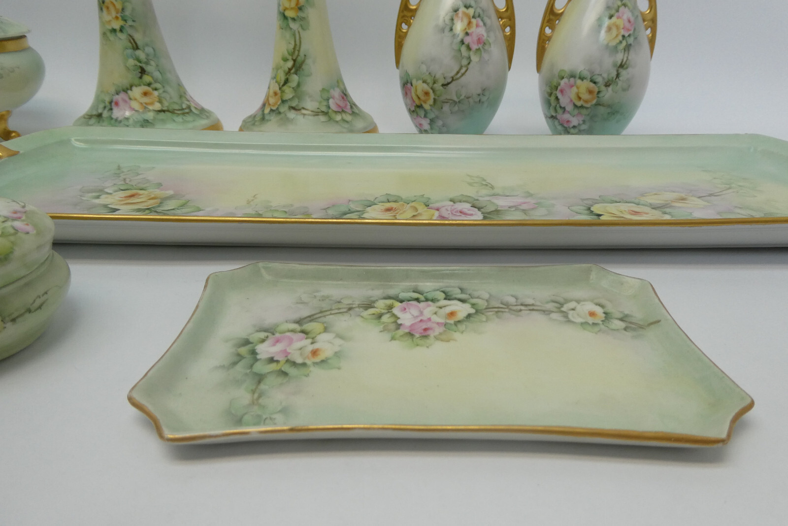 Ceramic Green Gold Apple Blossom Floral Pattern Tray Bud Vases Candle Holders
