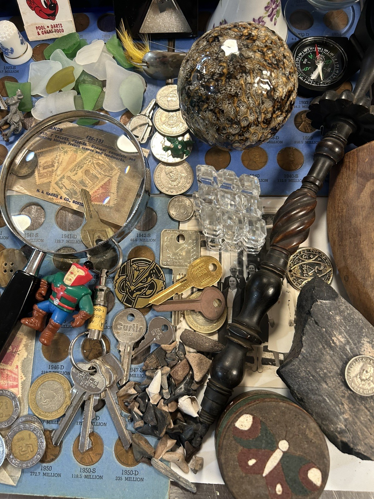 Vintage Junk drawer lot foo dog , jewelry, coins, + more read description
