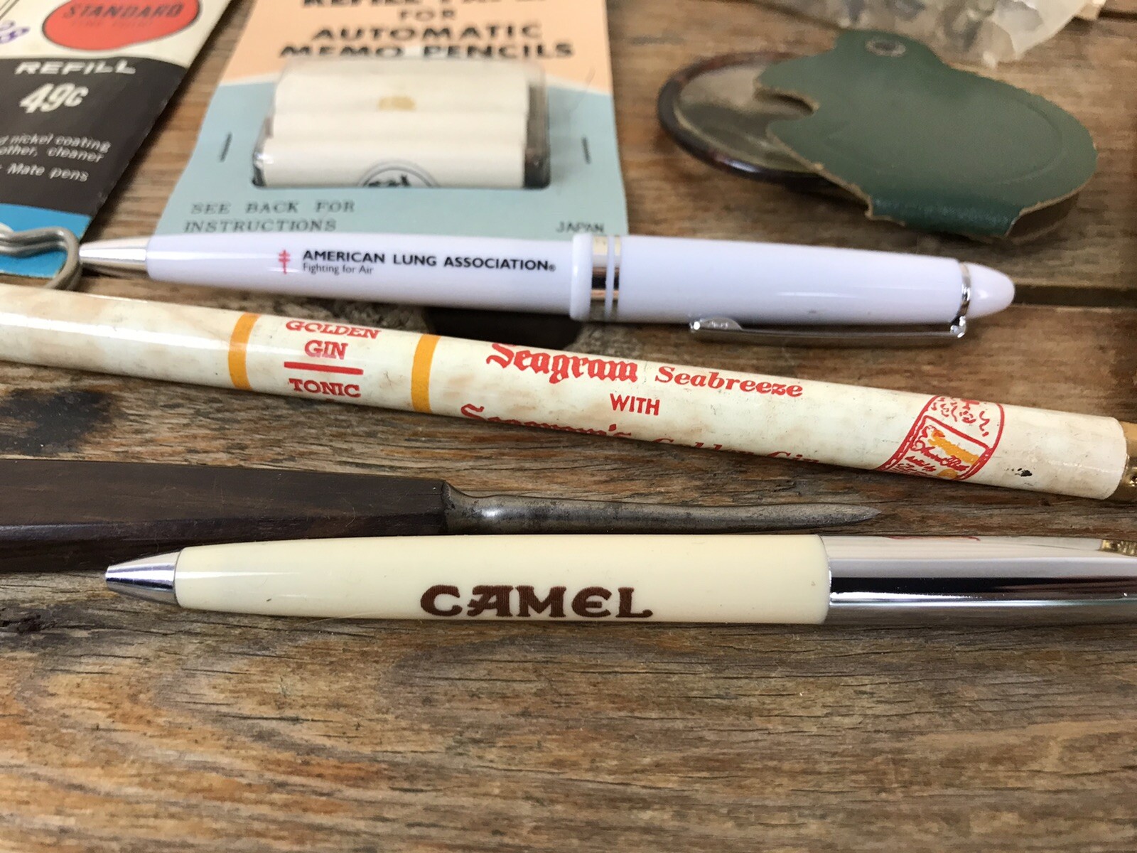 Vtg Junk Desk Drawer Lot Advertising Smalls Pencils Office Seagrams Magnifying