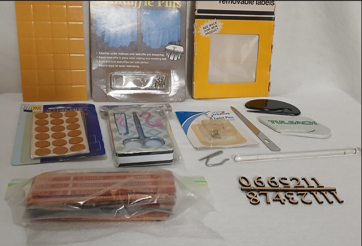 Junk Drawer Lot Empty Coin Roll Labels Pins New Nail Kit Paper Cutter Plus Plus