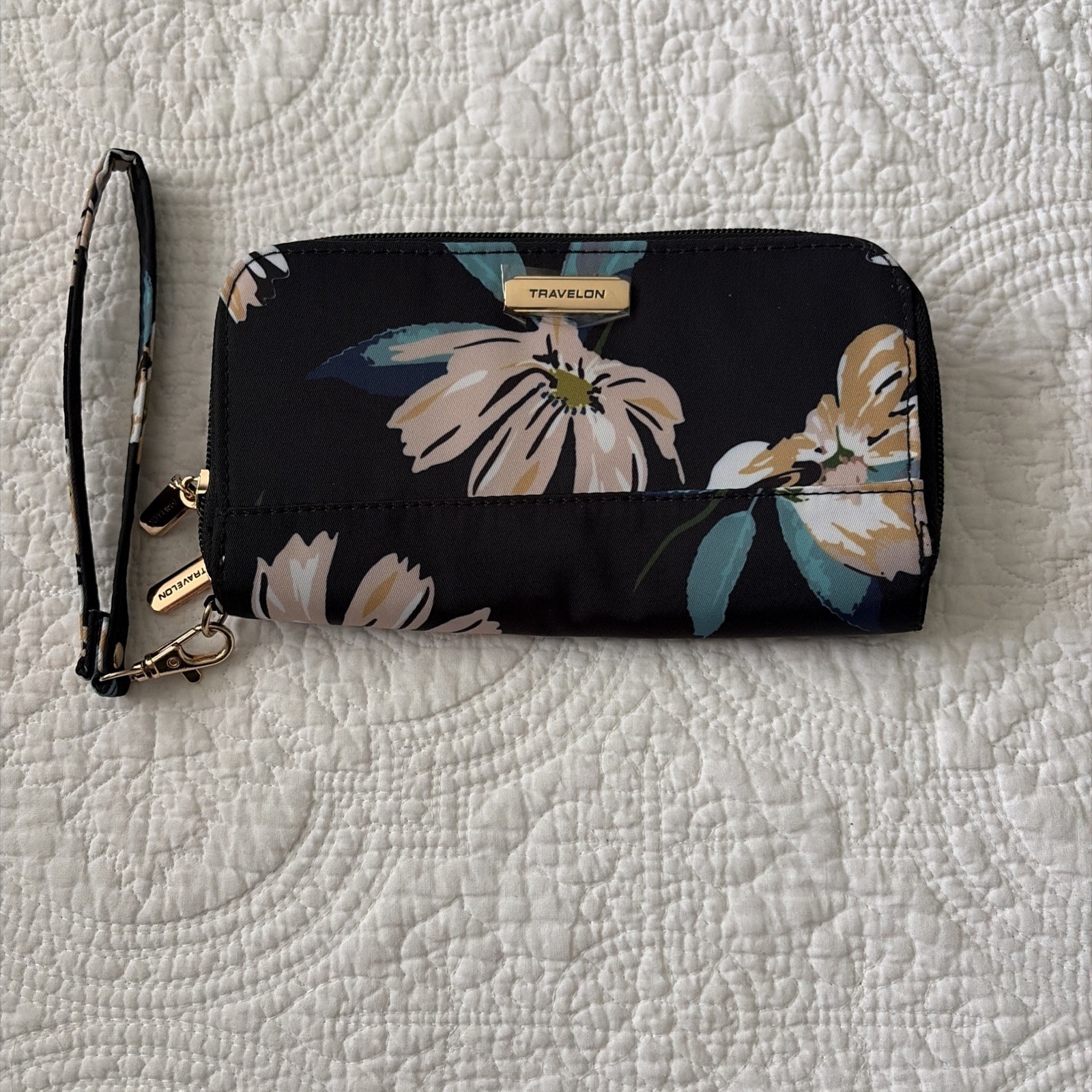 Travelon RFID Blocking Double Zip Wallet, Midnight Floral, 7.5″W x 4″H x 1.25″D