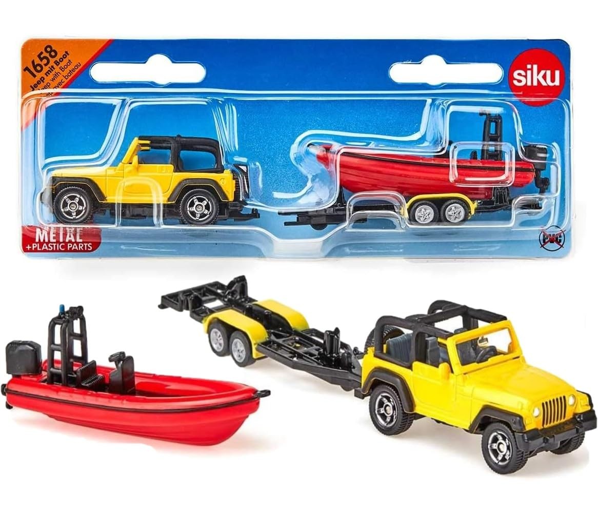 SIKU 1658 Jeep with Removable Trailer & Floatable Boat, Yellow/Red