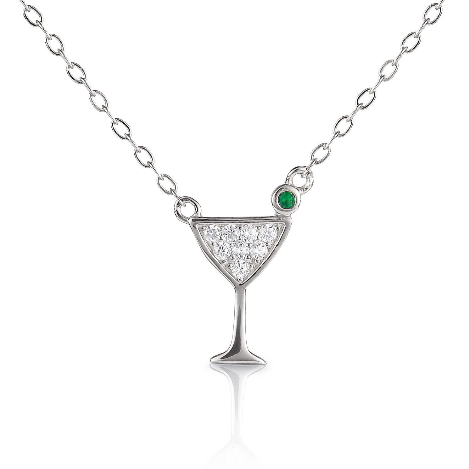 Diamond Treats Cocktail Glass Necklace 925 Sterling Silver 18 inch 14 mm Cute