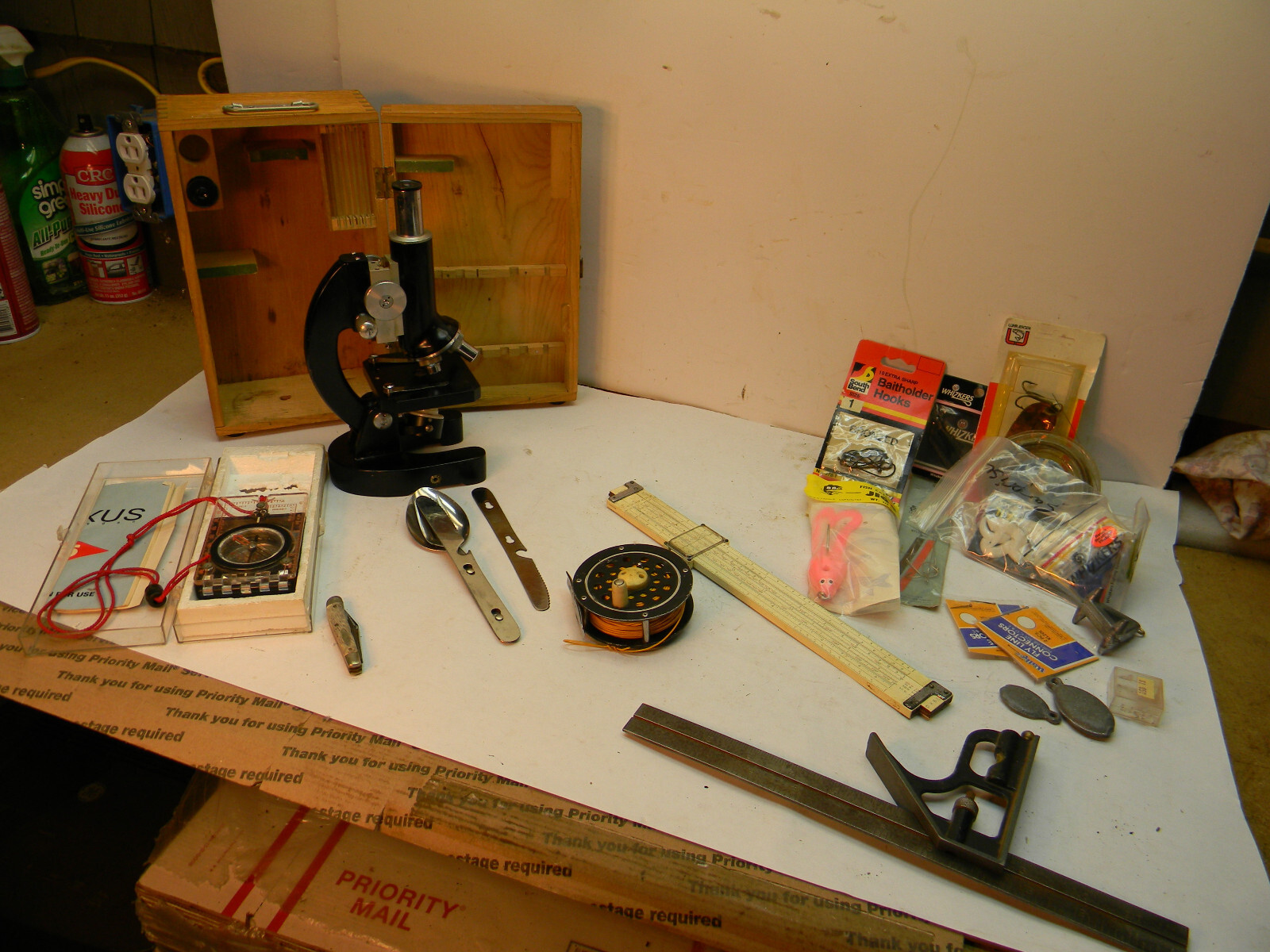 #KN-11124A Junk Drawer Box Microscope, Compas, Slide rule; Fly reel