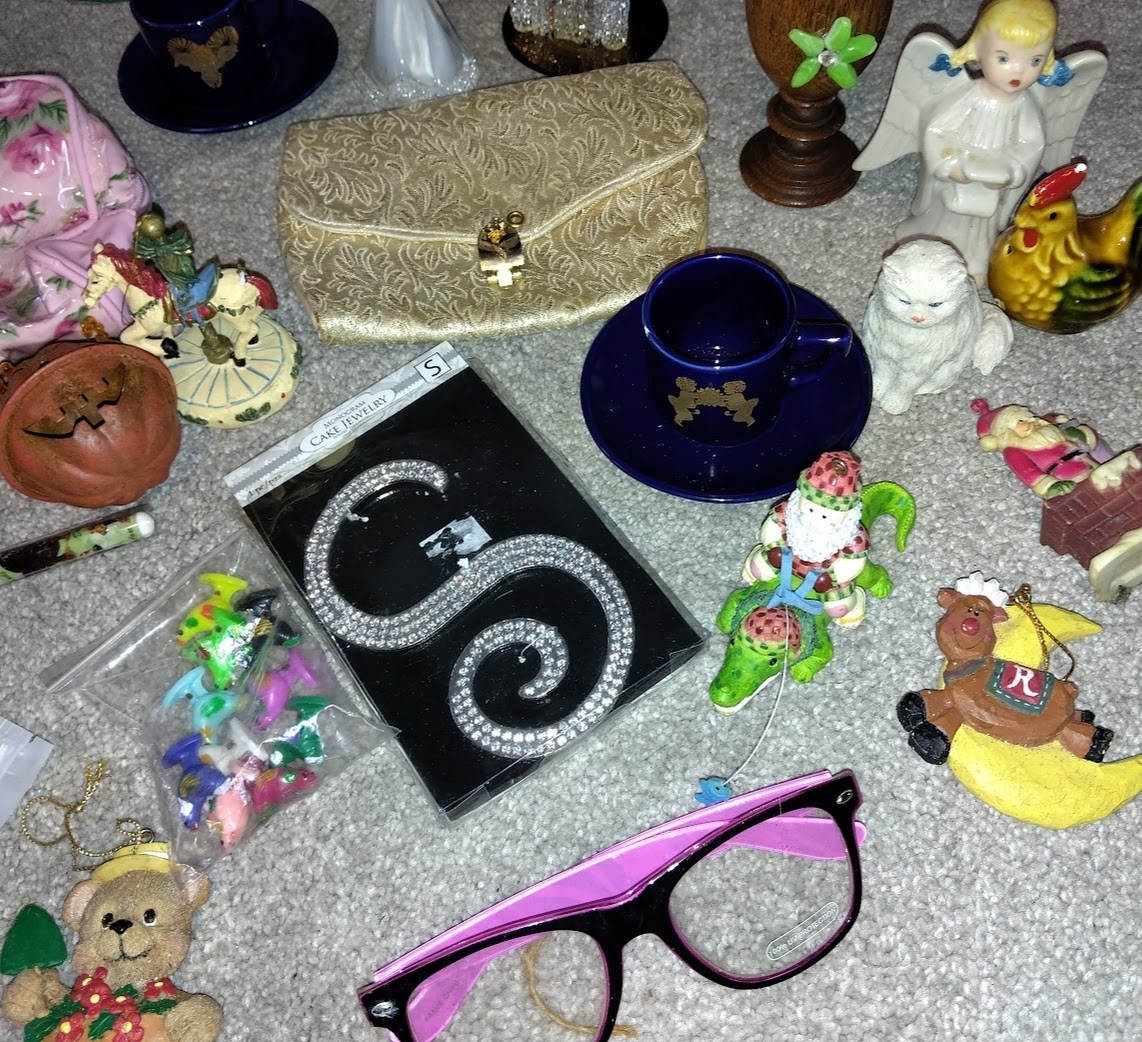 junk drawer treasures vtg ornaments mask bags crystal figurines miniatures