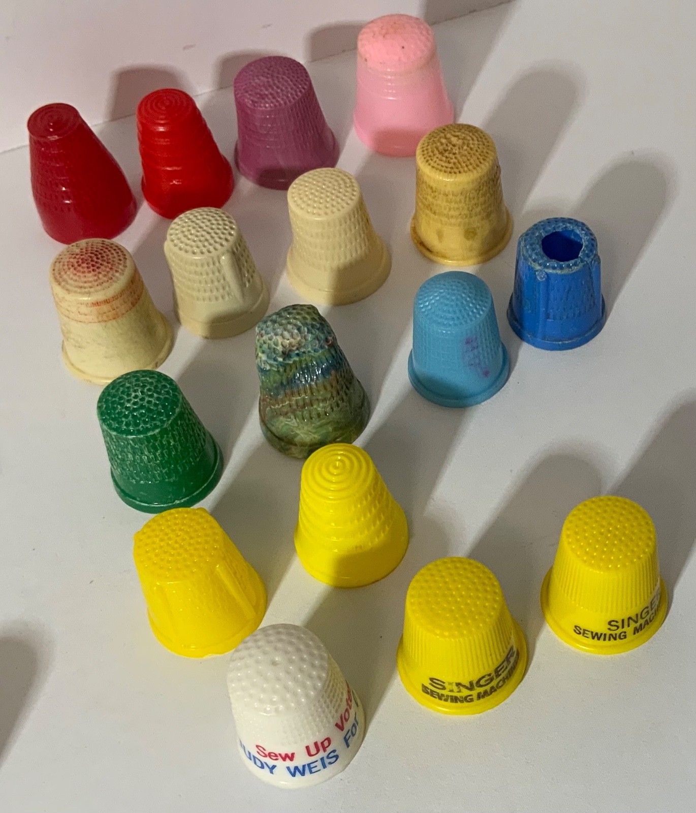 VTG Junk Drawer Assemblage Art Mixed Media Sewing Thimbles Lot (43) Advertising