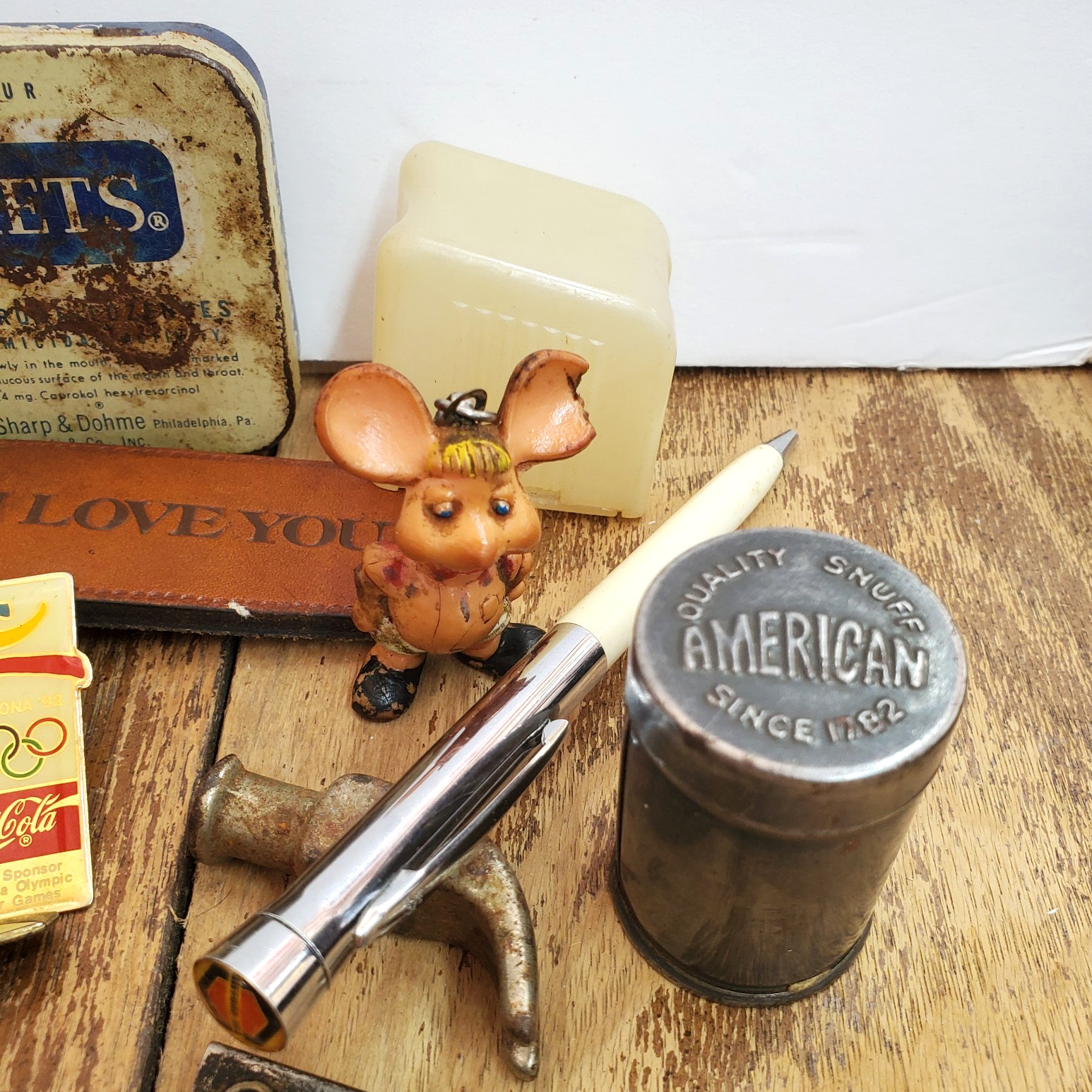 Antique Vintage Junk Drawer Lot Pin Backs, Tins, Stamps, Trinkets, Pens & more