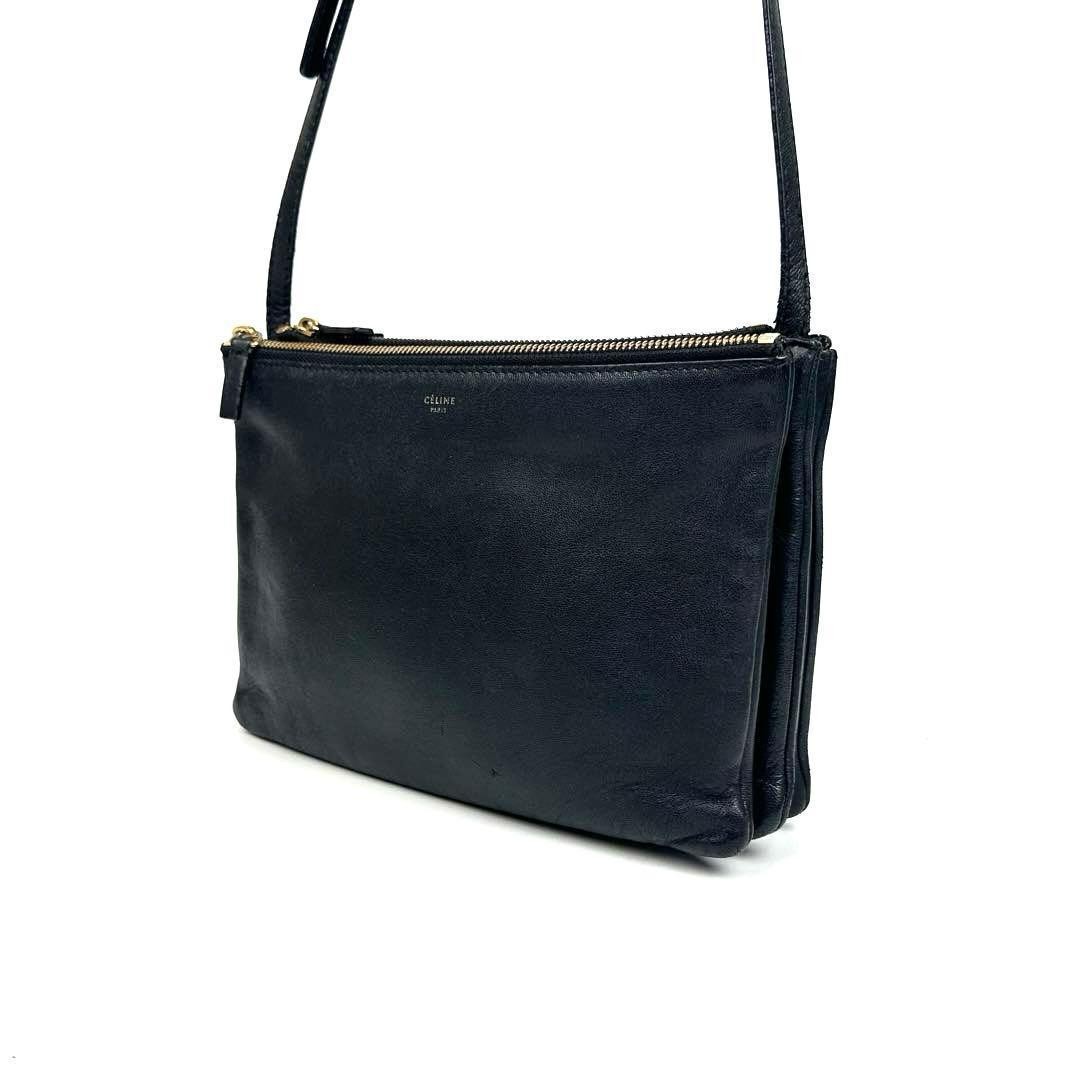 [Good Condition] Celine Shoulder Bag Trio Gold Hardware Leather Black