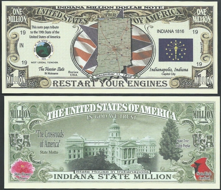 Lot of 500 BILLS – INDIANA STATE MILLION DOLLAR BILL w MAP, SEAL, FLAG, CAPITOL