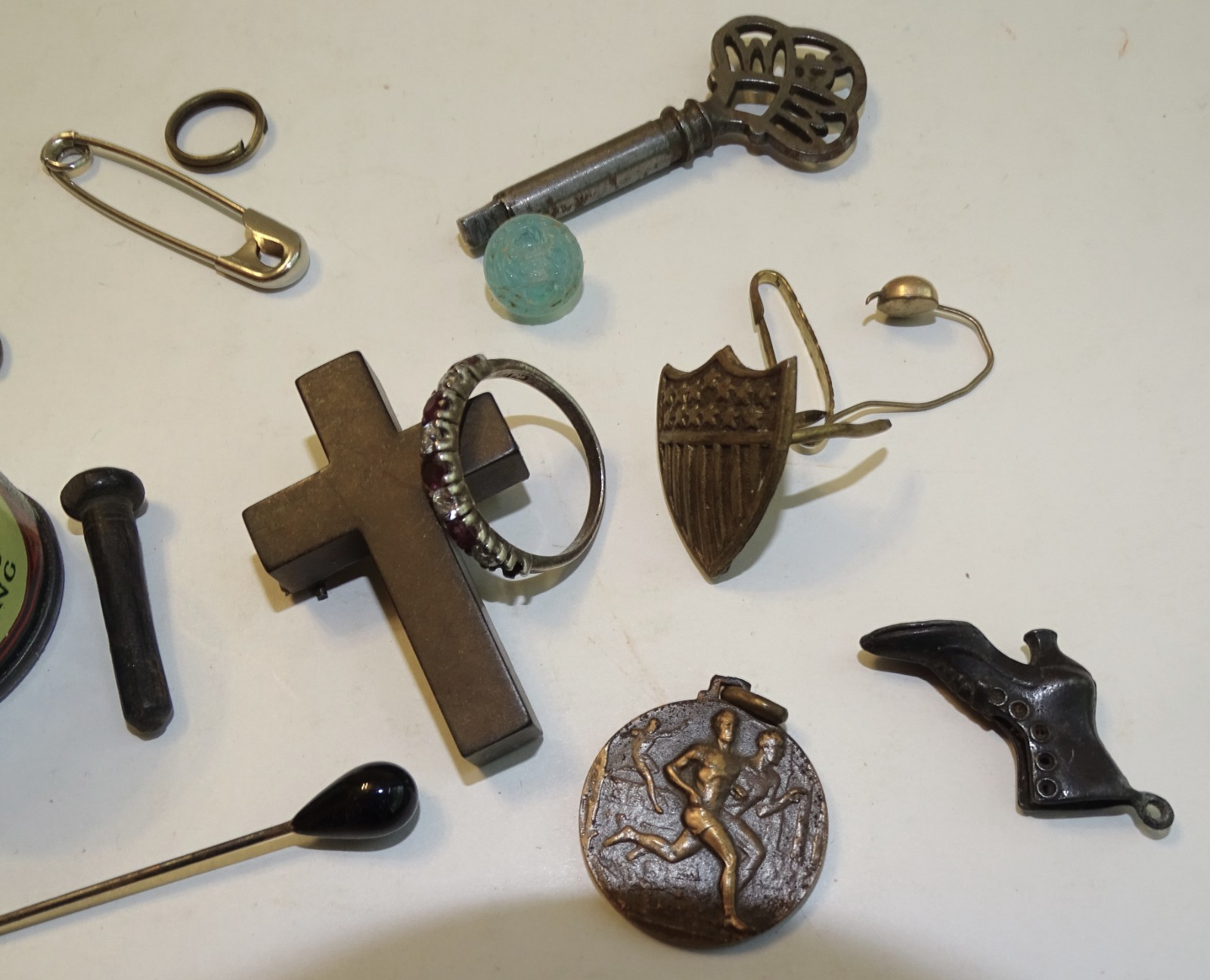 Junk found at estate sale; button hook, Keys, Rings, Shield Pin, Boot Charm, etc