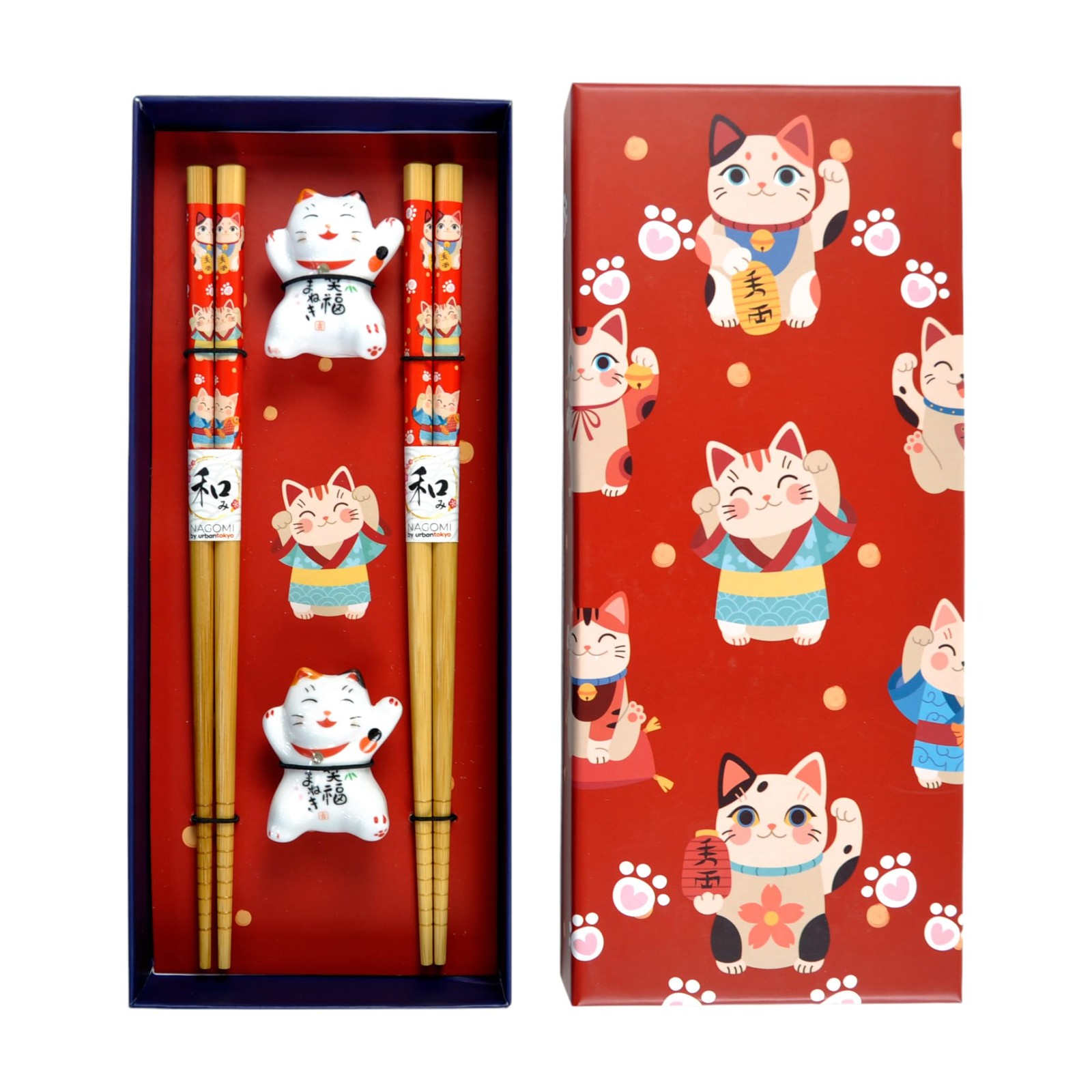 Japanese Bamboo Chopsticks Set, 2 Pair with Rest, Lucky Cat Gift Box