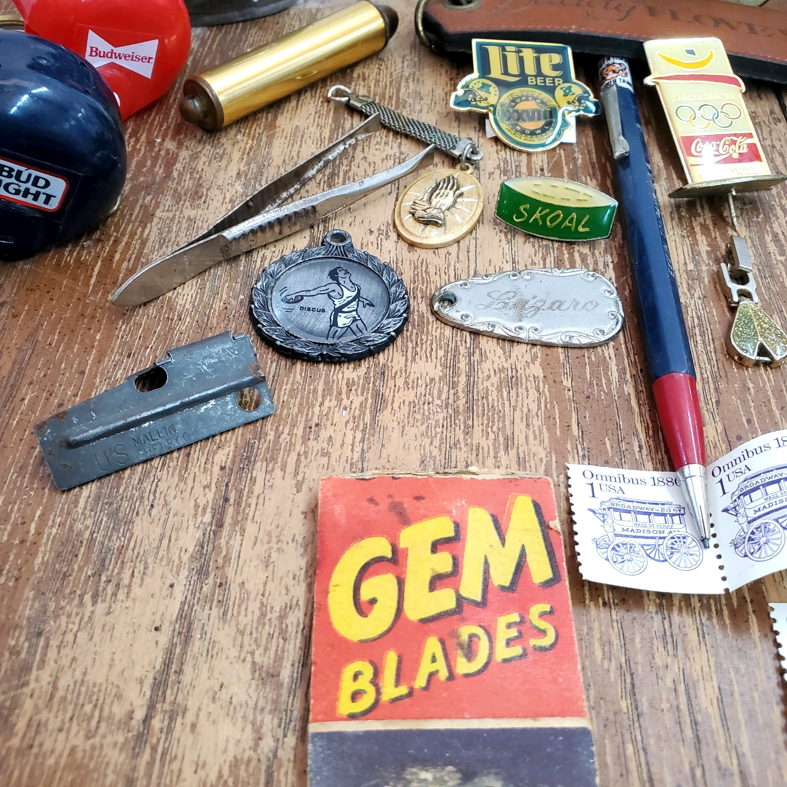 Antique Vintage Junk Drawer Lot Pin Backs, Tins, Stamps, Trinkets, Pens & more