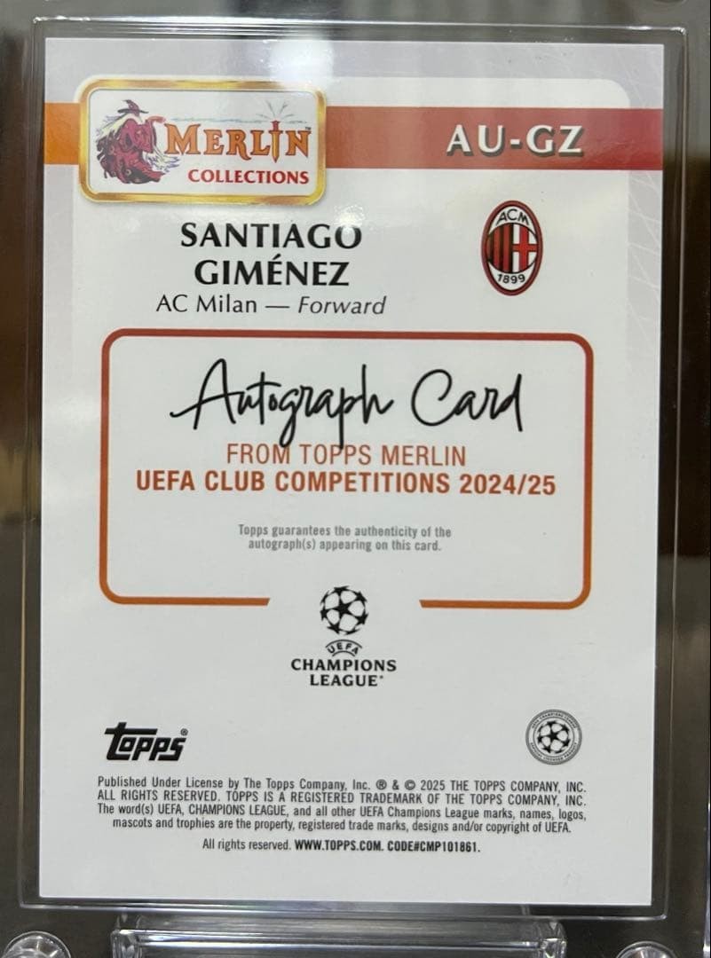 Topps Merlin Santiago Gimenez Auto Card 3P Limited UEFA AC Milan