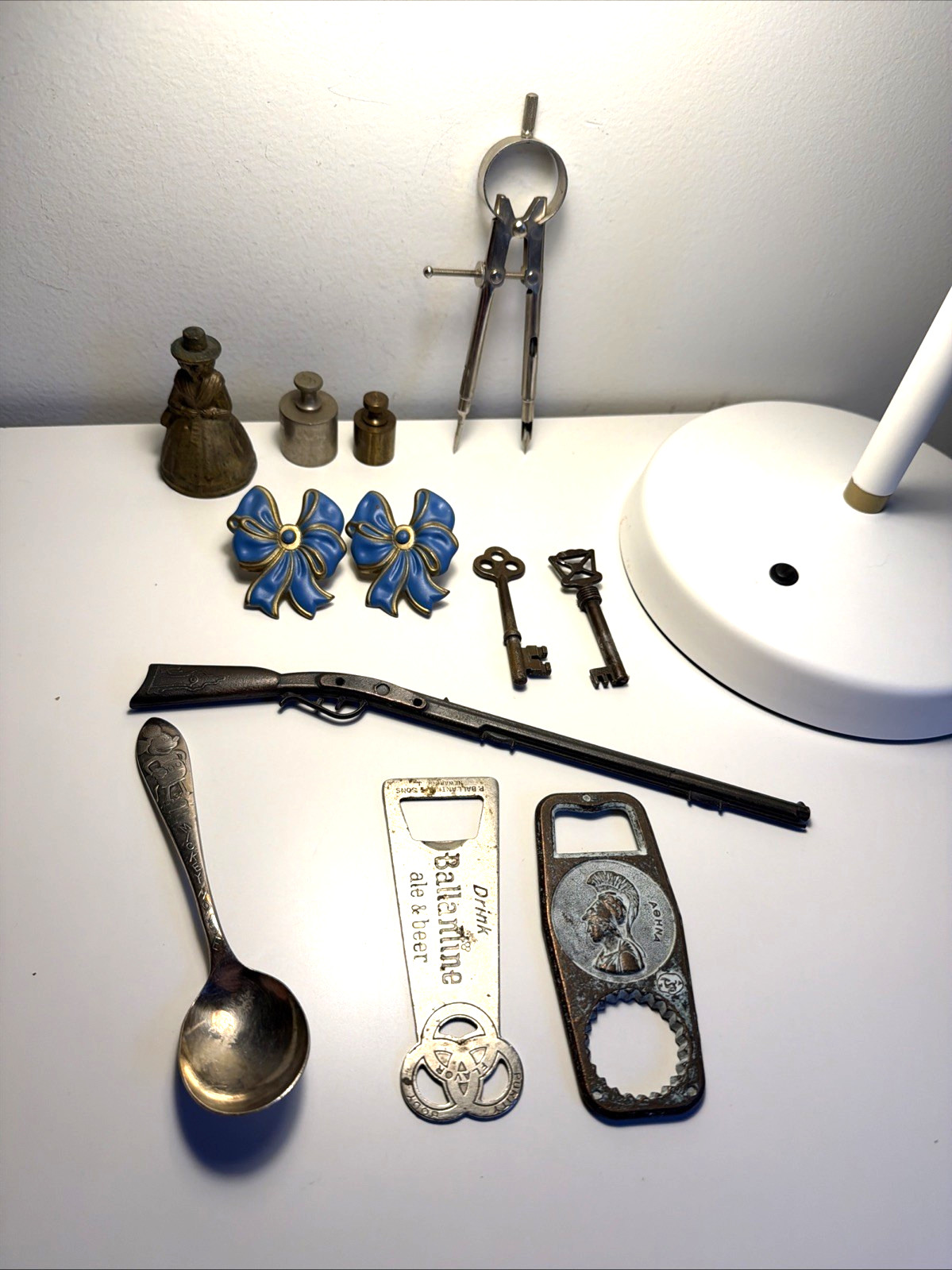 Vintage Metal Junk Drawer Lot Mickey Spoon Gun Skeleton Key 50 Brass Weight Bow