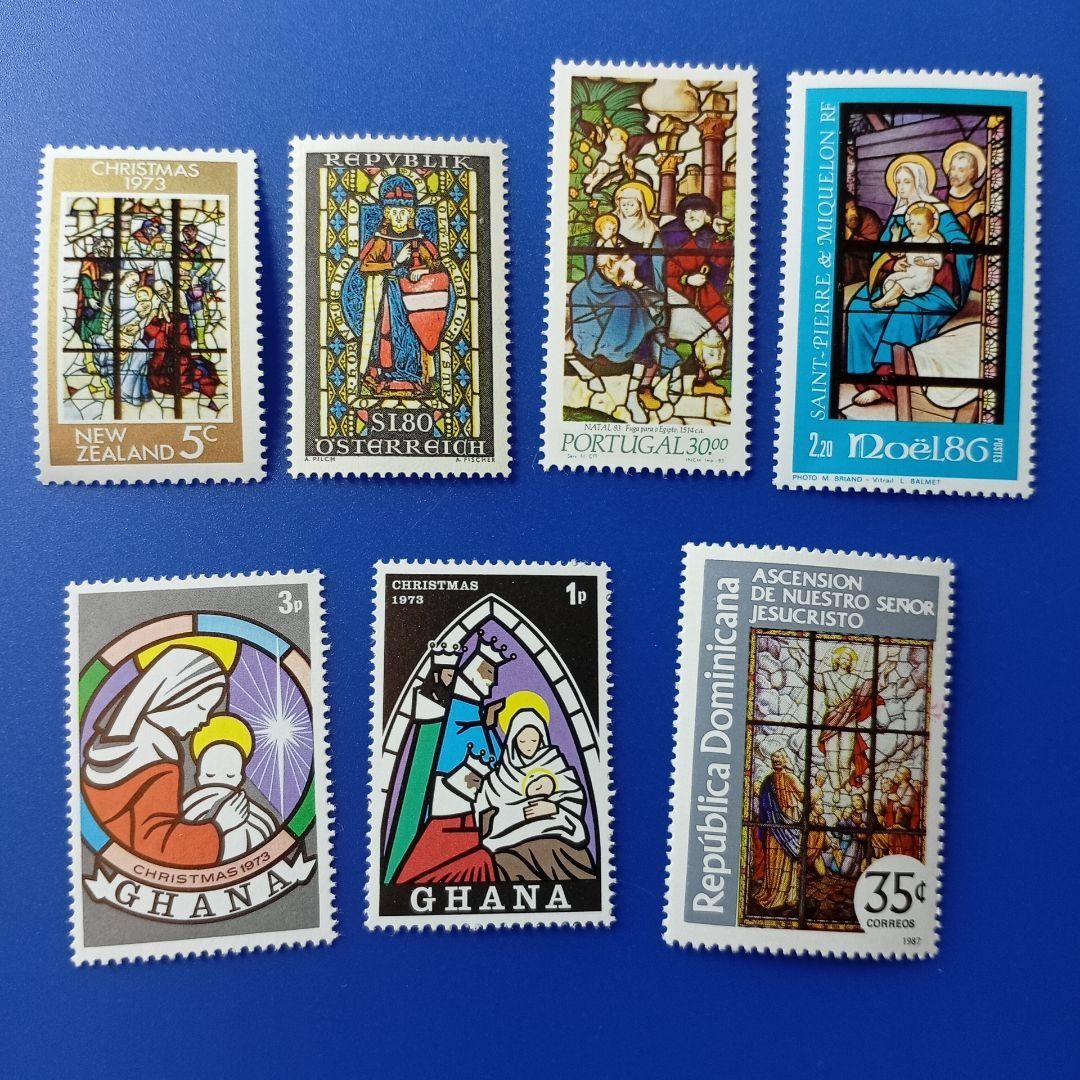Foreign Stamps Multiple Countries Stained Glass Religious Paintings Christmas 7