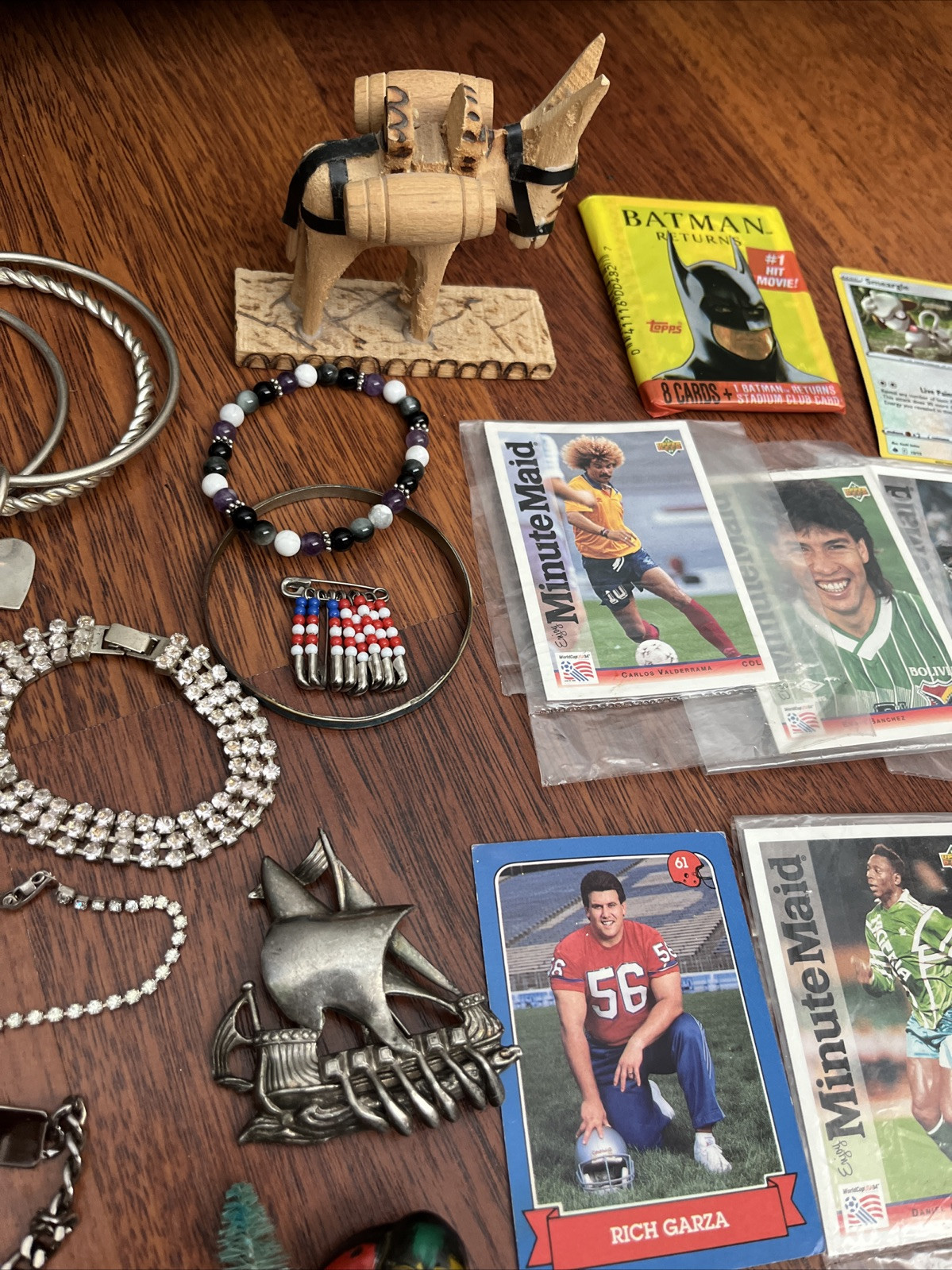 Junk Drawer Lot Vintage Jewelry Bracelets Trading Cards Brooches Misc.