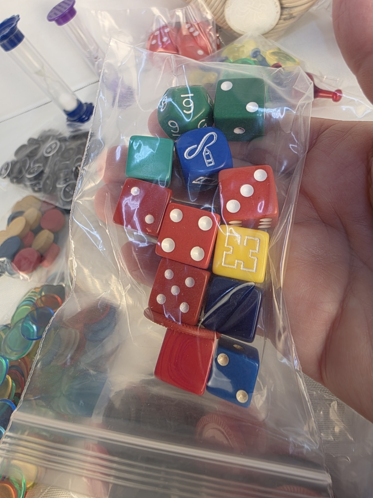 Junk Drawer Lot- Small Game Pieces Lot-Checkers, Dice, Bingo & Poker Chips,Timer