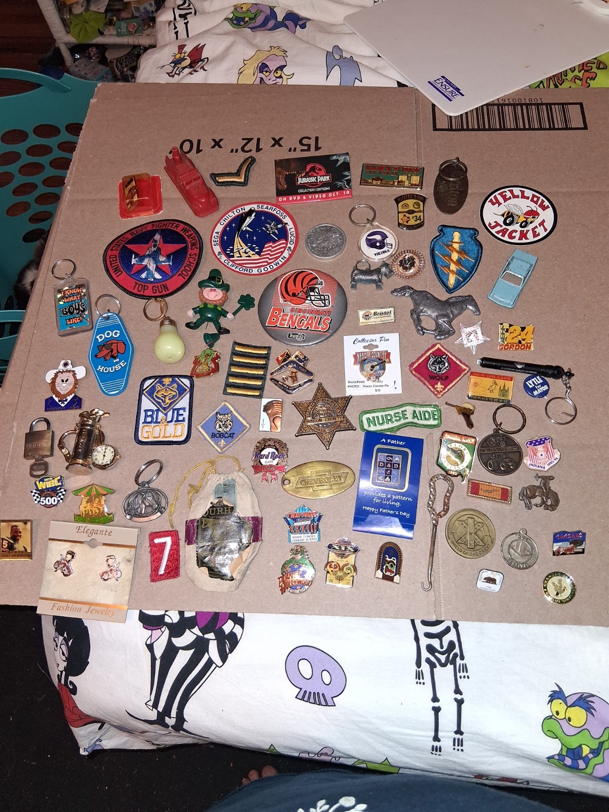 Vintage Junk Drawer Lot Keychains Bottle Openers Pins Patches