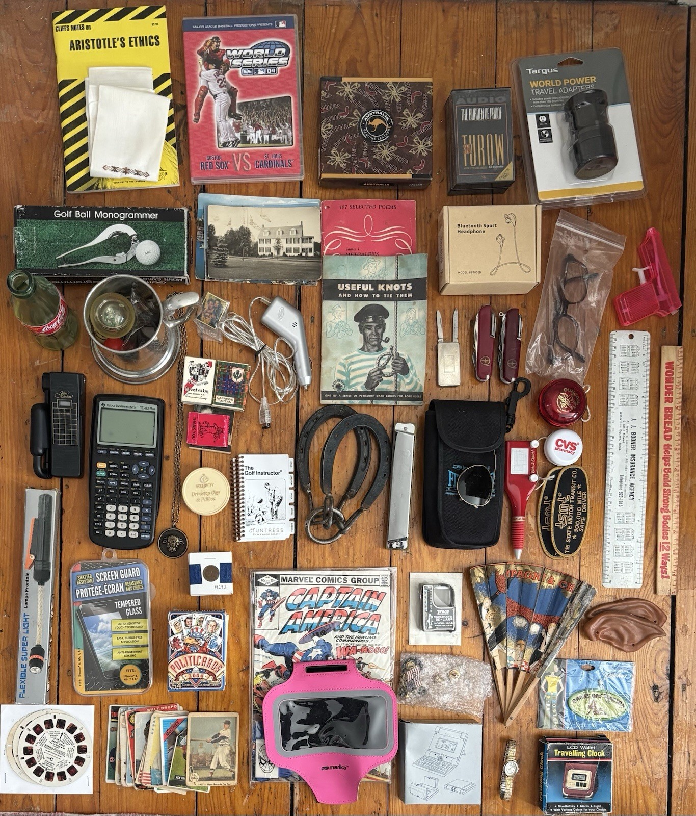 Vintage Junk Drawer Lot Collectibles Coins Cards Knives Calculator Stein & More