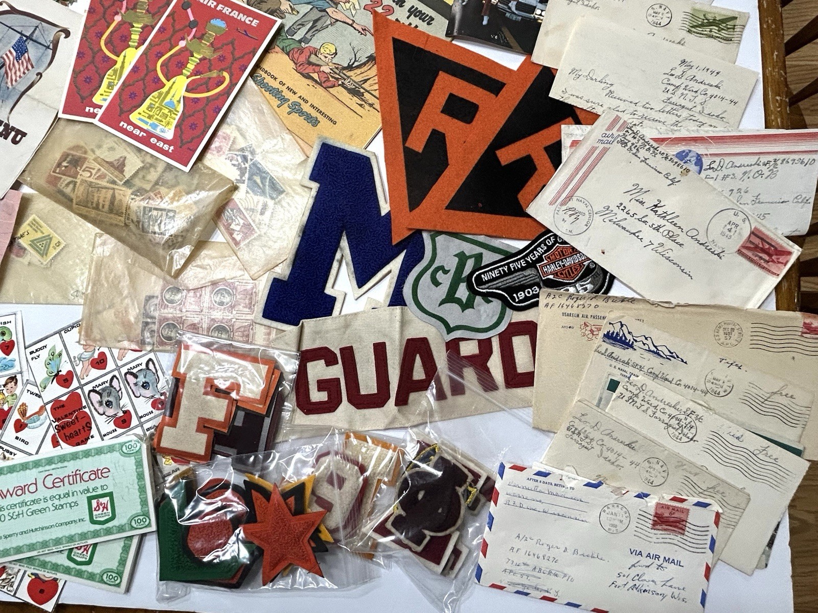Eclectic Junk Drawer Lot Vintage Ephemera + Chachskis: Photos Cards Pins Patches