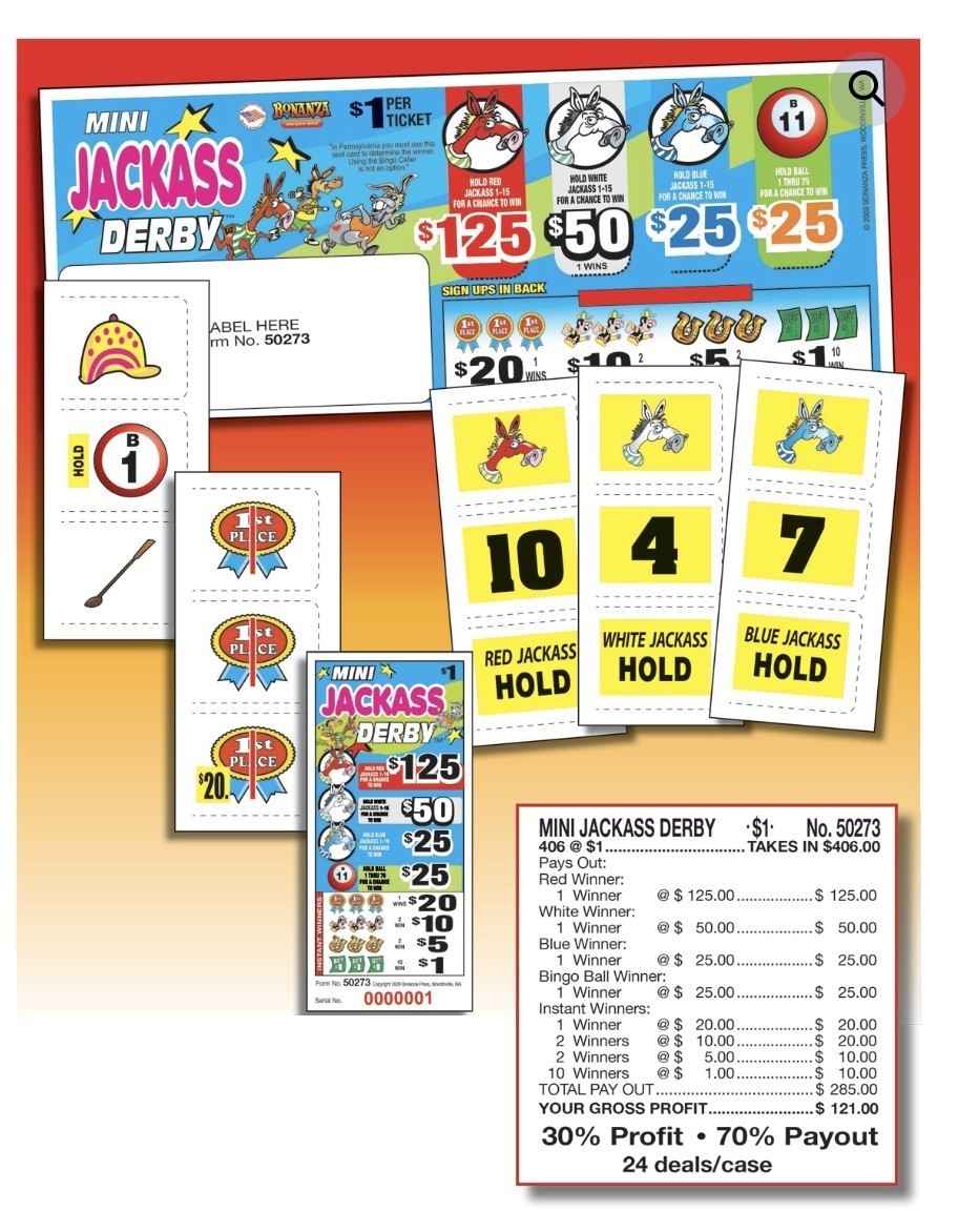 Pull Tab Ticket – Hard Card – Game – Mini Jackass Derby – 406 ct