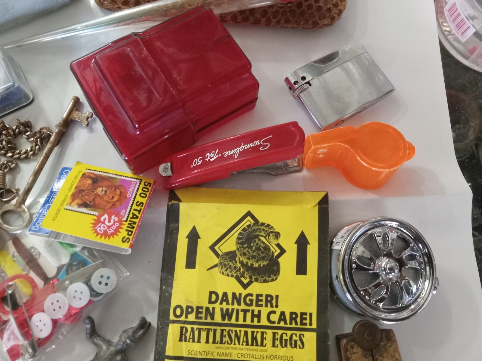Vintage Estate Junk Drawer Lot  lighters whistle lead to Primitives Trinkets MIS