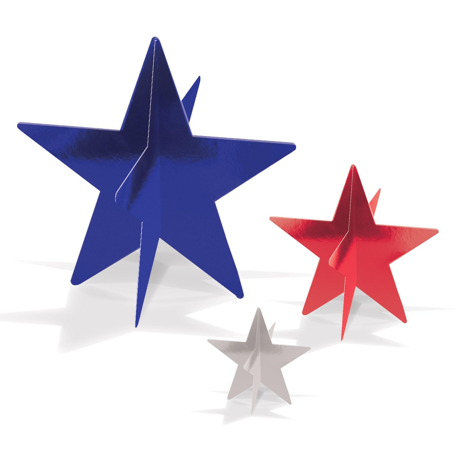 Beistle 3-D Star Centerpiece Foil Party D√©cor, Pack of 3, Red, Silver, Blue