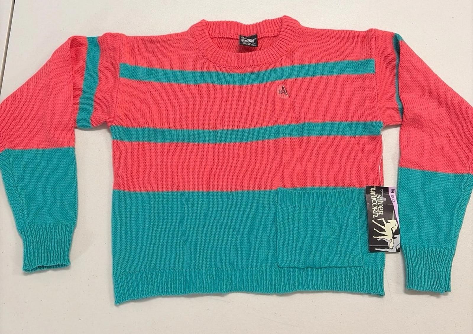 NWT Vintage Youth Silver Unicorn Teal & Pink Striped Knitted Sweater Med 10-12