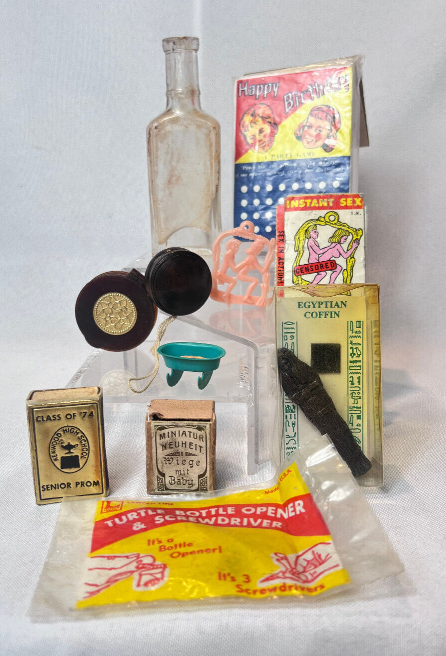 VTG Curated Trinket Lot Novelty Accessories Keychains Bottle Birthday Punch Card