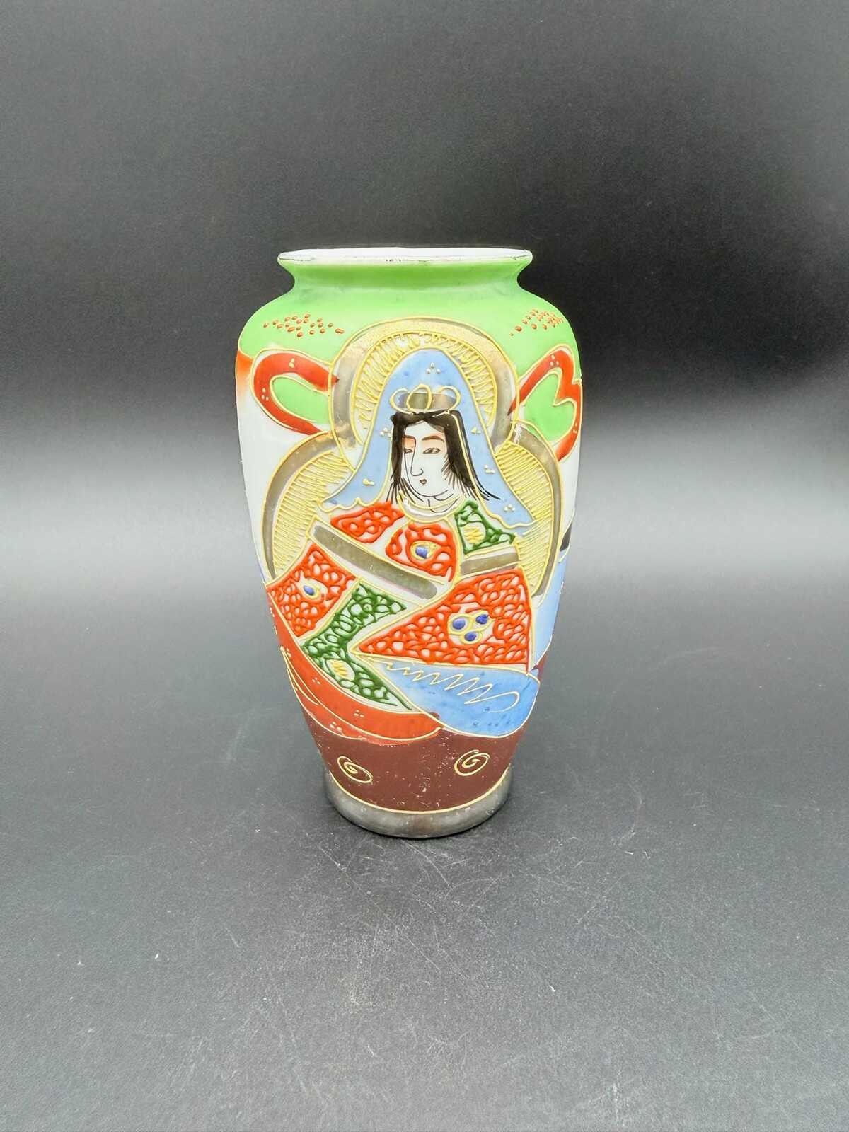 Vintage Satsuma Style Vase Hand Painted Oriental Decor 5.75 Inch Porcelain