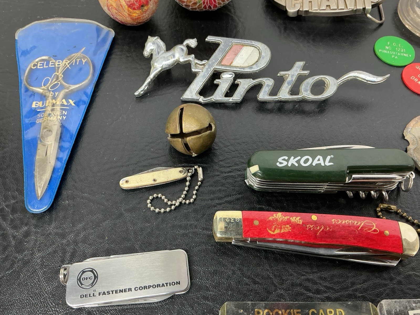 Vtg Junk Drawer Lot Zippo Knives Kellogg Trucks Bell Car Emblem Belt Buckle Eggs
