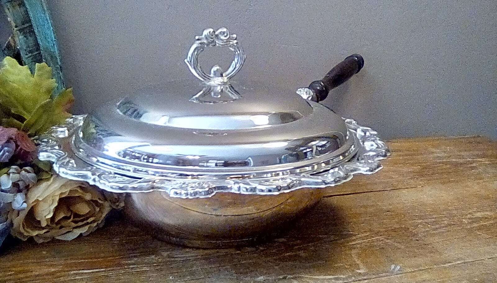 Vintage Silver Plate Serving Dish with Lid and Glass Insert, Fire King 2 Quart
