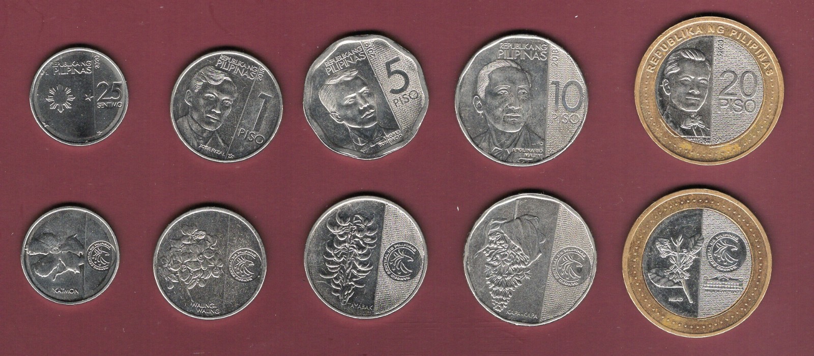 Philippines 5 coins set 25 cent 1,5,10,20,PESO，2019-20 AU+/UNC