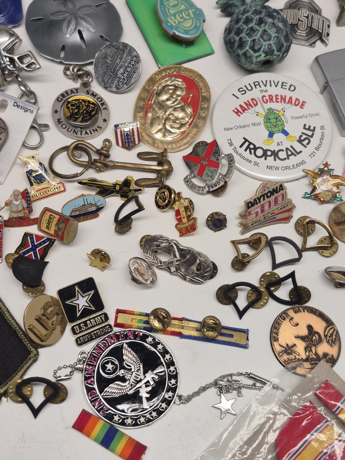 Mans Junk Drawer Trinket Lot Pins Patches Keychains Military