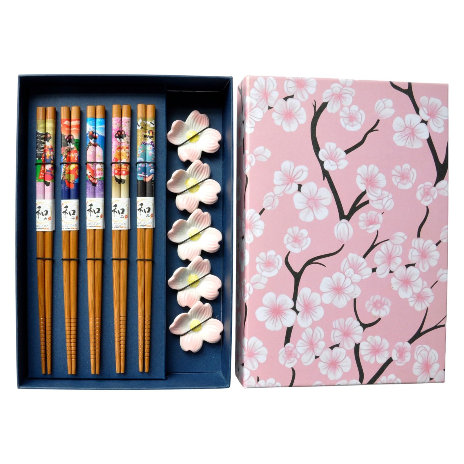 Urban Tokyo Japanese Chopsticks Set, 5 Pairs Bamboo with Sakura Rests, Gift Box