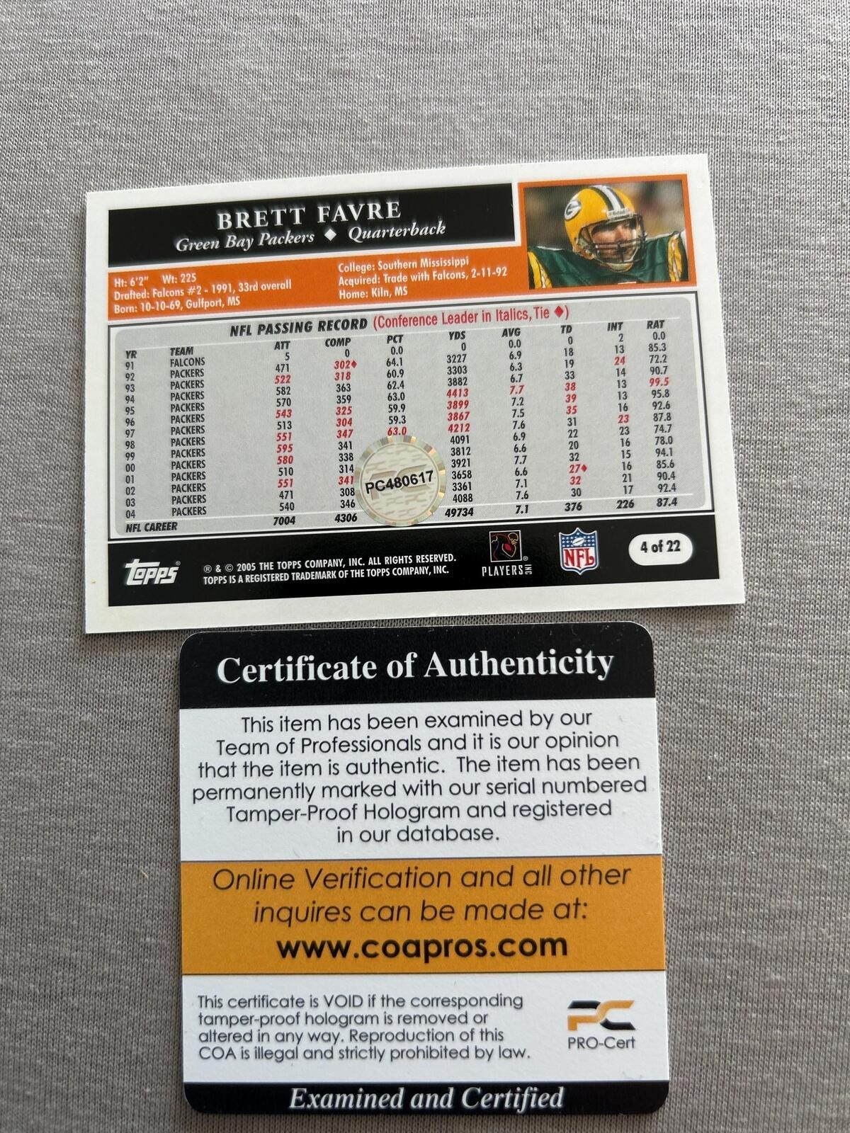Brett Favre Green Bay Packers Signed Autographed Football Card COA