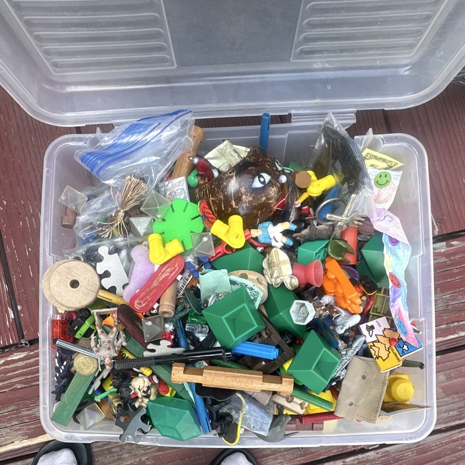 Bulk Mixed Small Collectibles Lot Mini Figures & Parts in Plastic Storage Bin