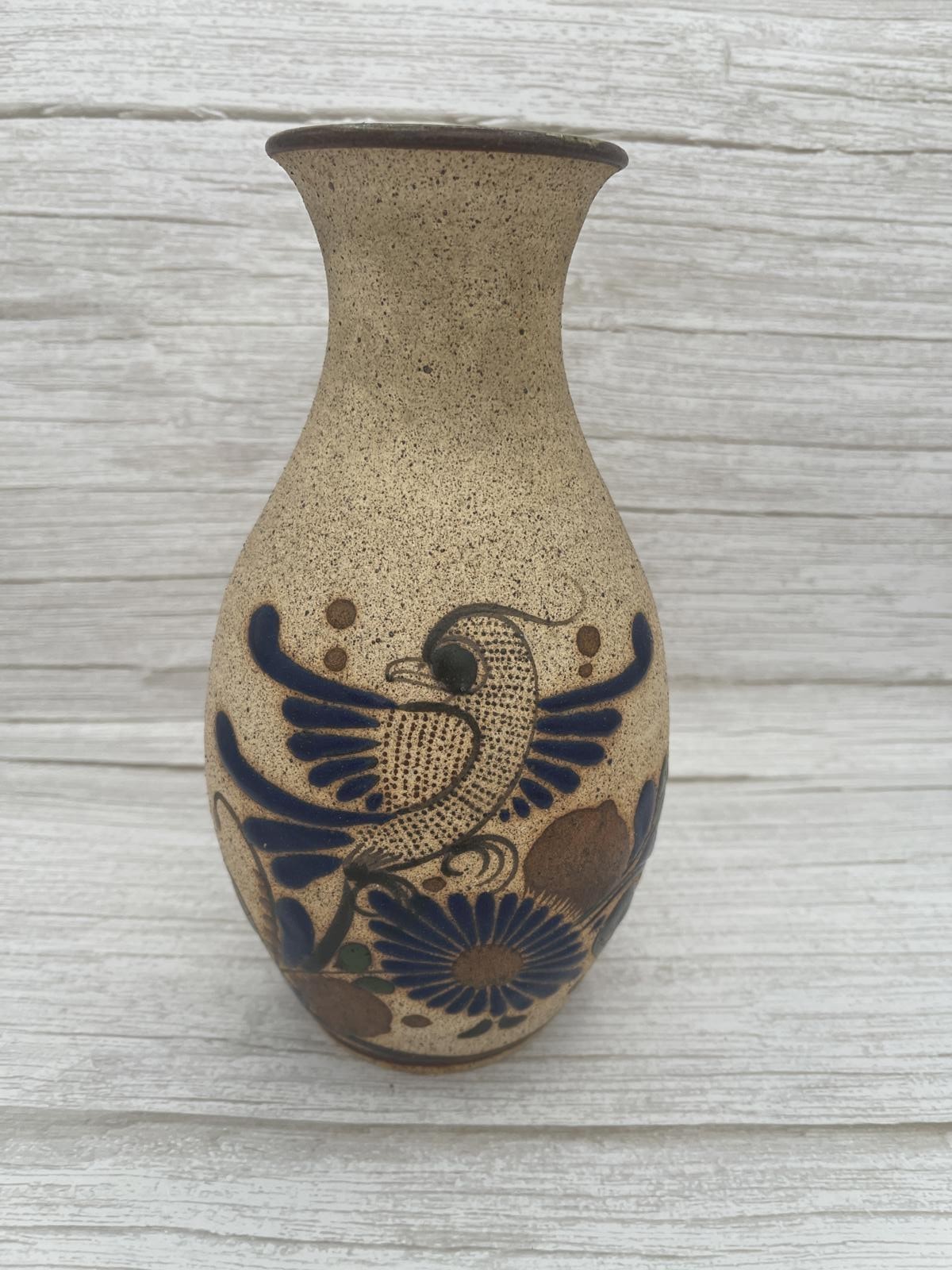 VTG Tonala Mexico Signed Pottery Pitcher Bird Flowers Blue Hand Painted Vase