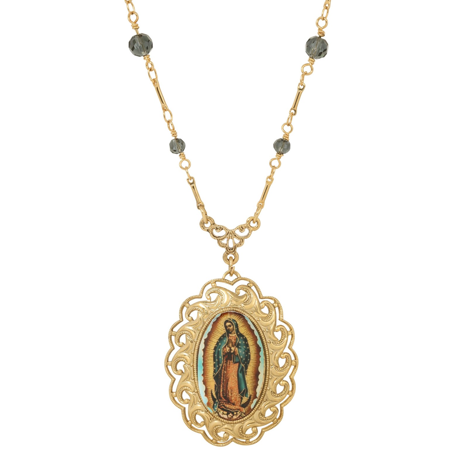 Symbols of Faith Our Lady Of Guadalupe Radiant Pendant Blue Bead Necklace 20″